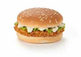 wordt geserveerd met kipburger een broodje sla komkommer met mayo/curry