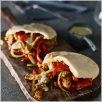 wordt geserveerd met Shoarma champignon paprika en ui 2 pita met saus naar keuze