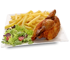 wordt geserveerd met salade friet/aardappelschijfjes of rijst krokant gebakken halve haan met &nbsp;saus naar keuze