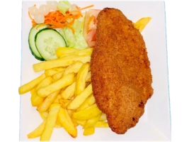 wordt geserveerd met schnitzel salade friet/aardappelschijfjes of rijst