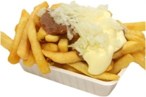 Groot friet met satesaus mayo en ui